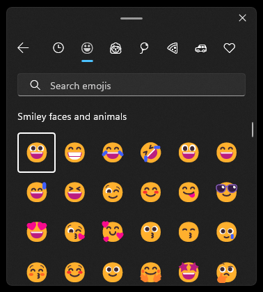 “Smiley faces and animals”, from the emoji panel