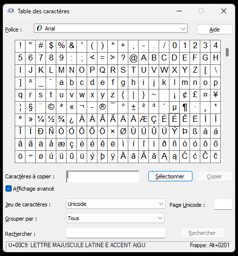 Table des caractères de Windows